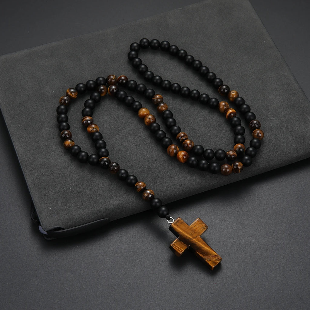 Cool Fashion Matte Black Round Beads Tiger Eye Stone Pendant Necklace for Men and Women