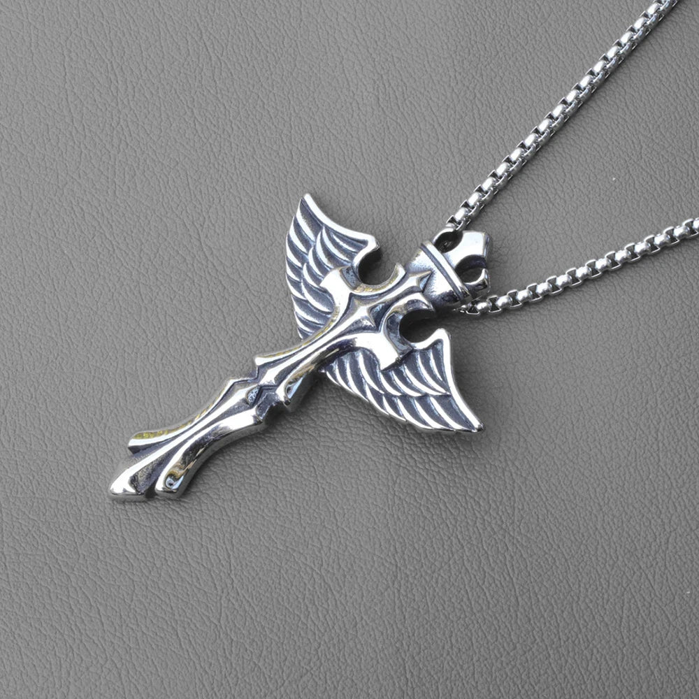 Silver Wings Cross Pendant Necklace Vintage