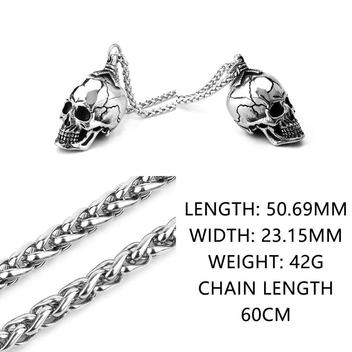 Men's Vintage Cracked Skull Pendant Necklace For Men 316L Stainless Steel Twist Chain Gothic Biker Punk Jewelry Gift
