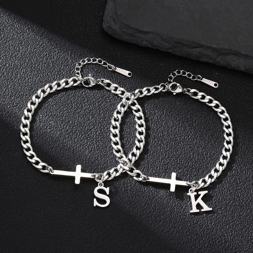 Men Cross Cuban Chain Bracelets for Men Initial A-Z Faith Cross Bracelets, Stainless Steel Initial Bracelet Religious