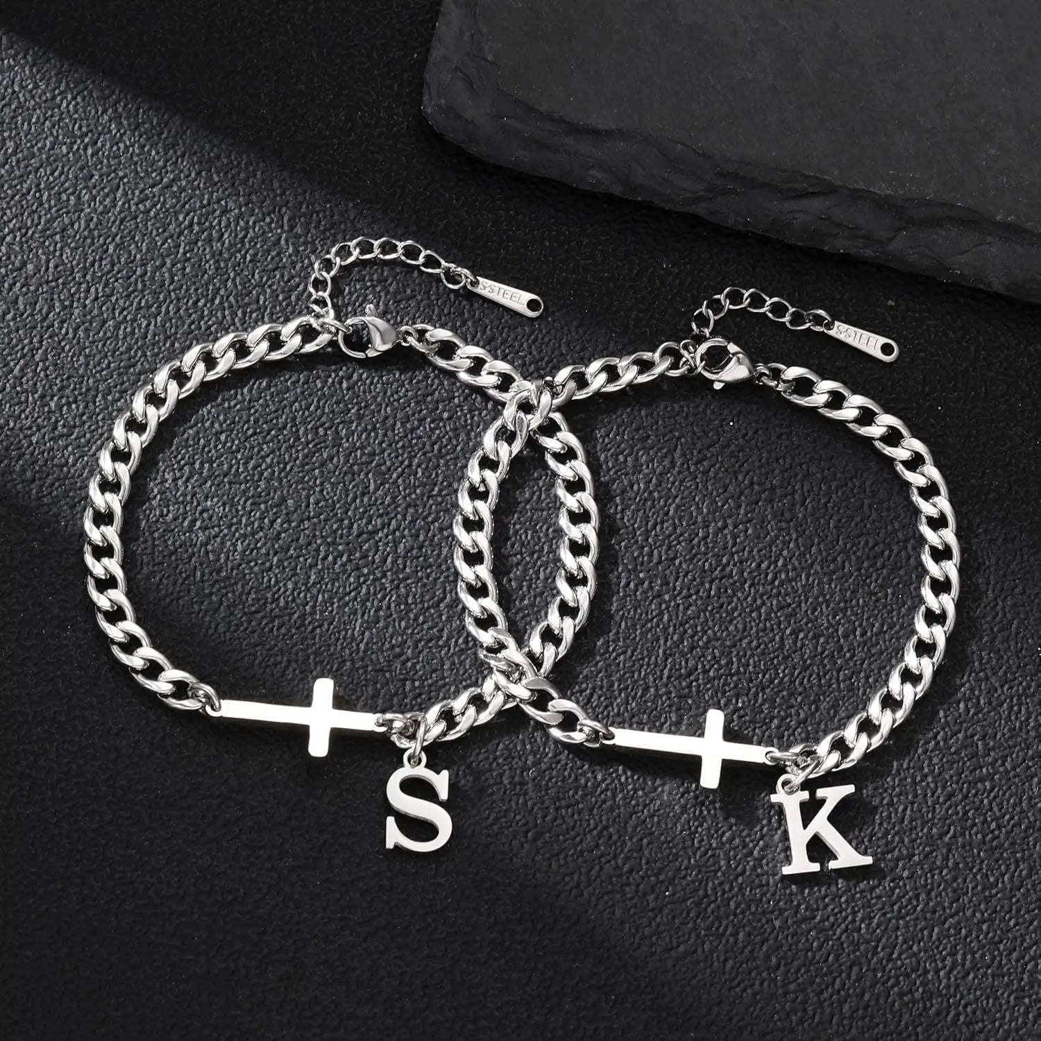 Men Cross Cuban Chain Bracelets for Men Initial A-Z Faith Cross Bracelets, Stainless Steel Initial Bracelet Religious