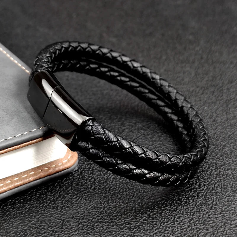 Double Leather Braided Charm Bracelet — Stainless Steel