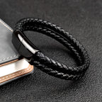 Double Leather Braided Charm Bracelet — Stainless Steel