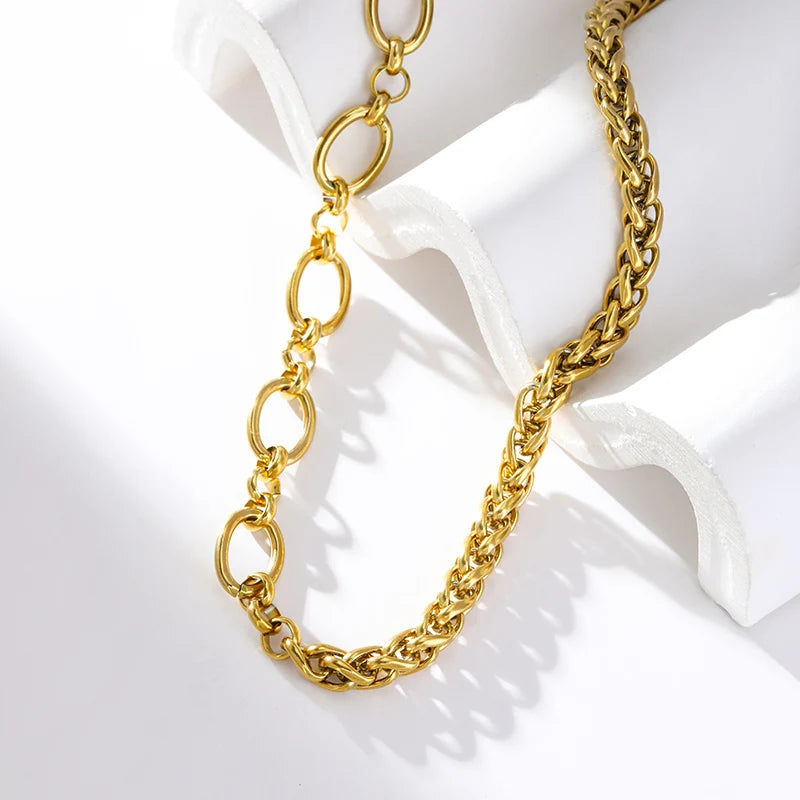 GANEMLY 316L Stainless Steel Asymmetry Chain Necklace For Women Gold Color Thick Chunky Collar Neck Chain Rust Proof Jewelry