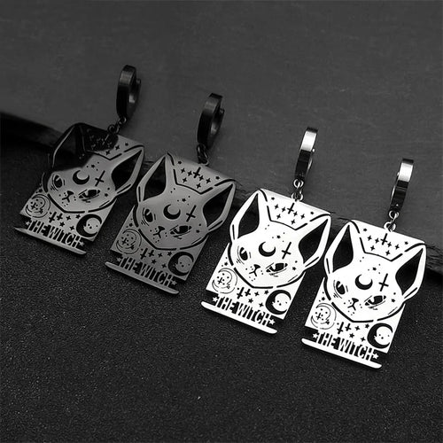 Cat Silver Earrings Gothic Witch Moon Long Hoop