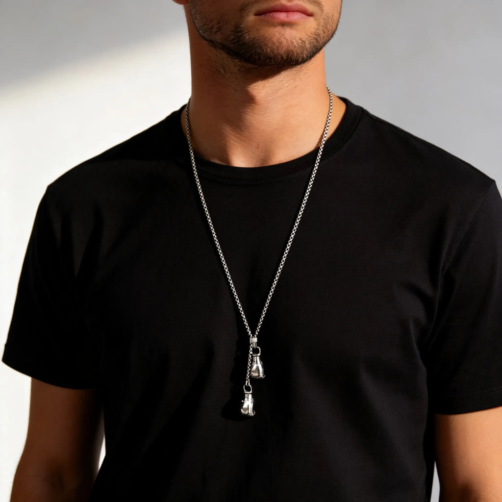 Men's Stainless Steel Boxing Glove Pendant Necklace, Adjustable Drawstring Long Chain Necklace, Creative Fashion Jewelry for Men