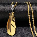 Feather Pendant Rope Chain Necklace Long — Stainless Steel