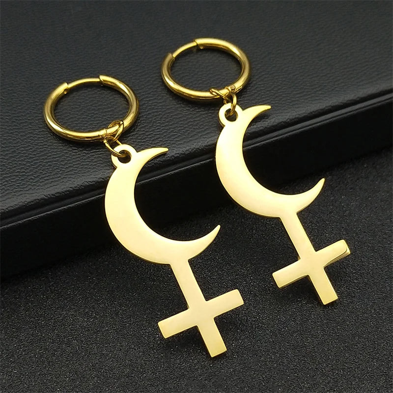 Cross Moon Gold Earrings Crescent Inverted Astrological