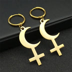 Cross Moon Gold Earrings Crescent Inverted Astrological