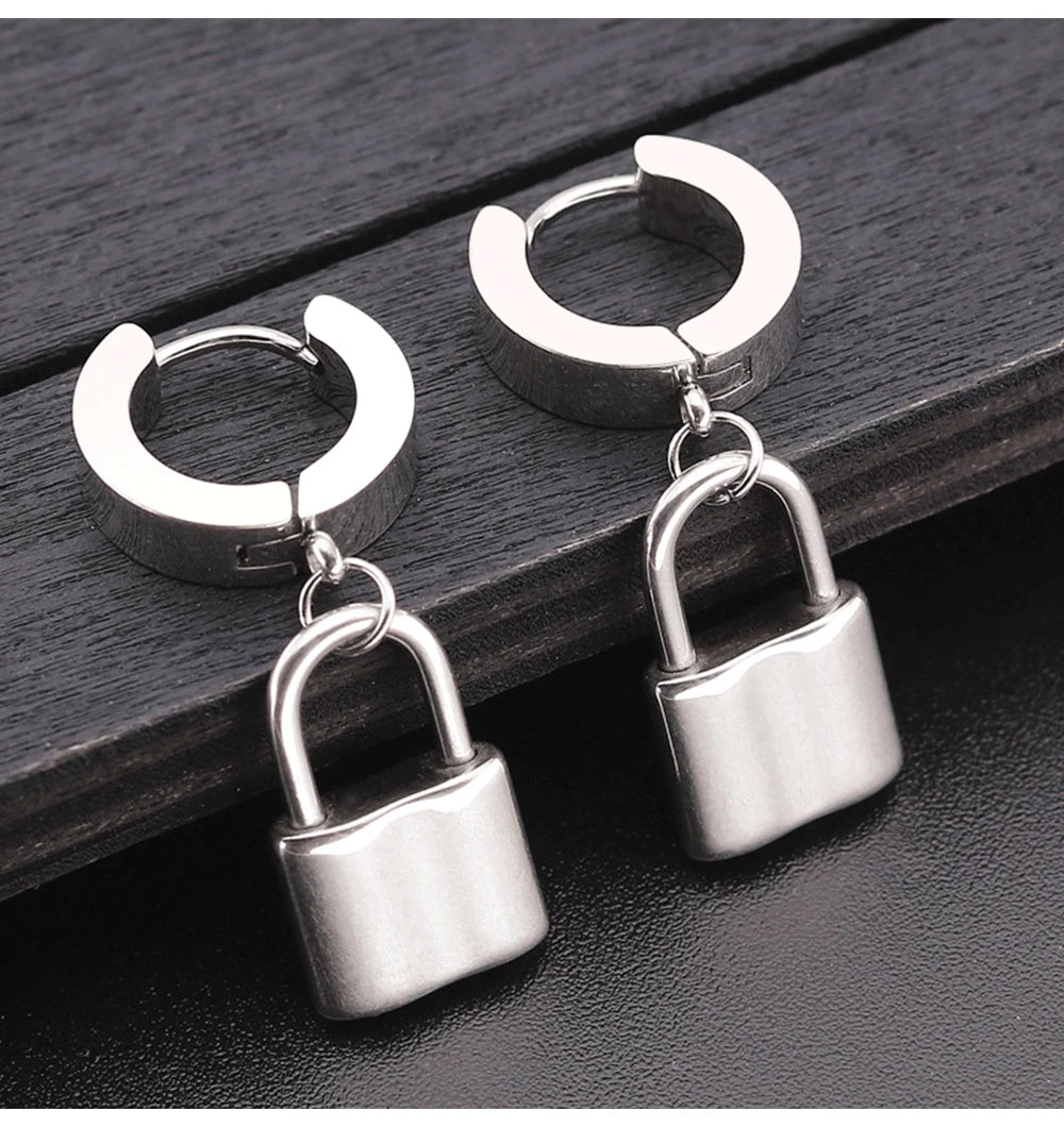 1 pair Fashion Simple Padlock Pendant Stainless steel lock Shaped Stud Earrings For Women Punk Hip Hop Style Ear