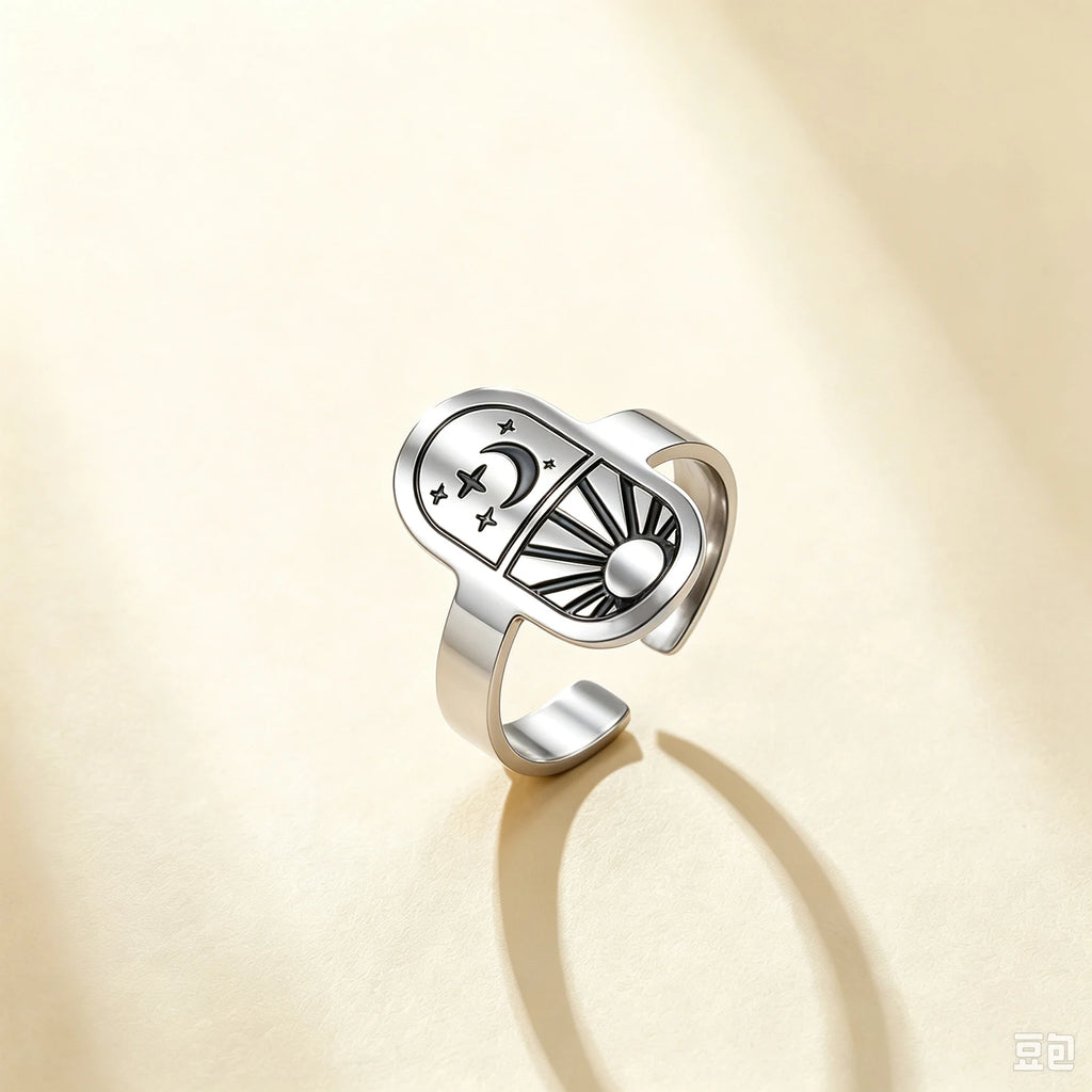 Sun Moon Star Adjustable Ring Vintage Celestial Tarot Signet Ring Stainless Steel Statement Open Ring Wiccan Spiritual