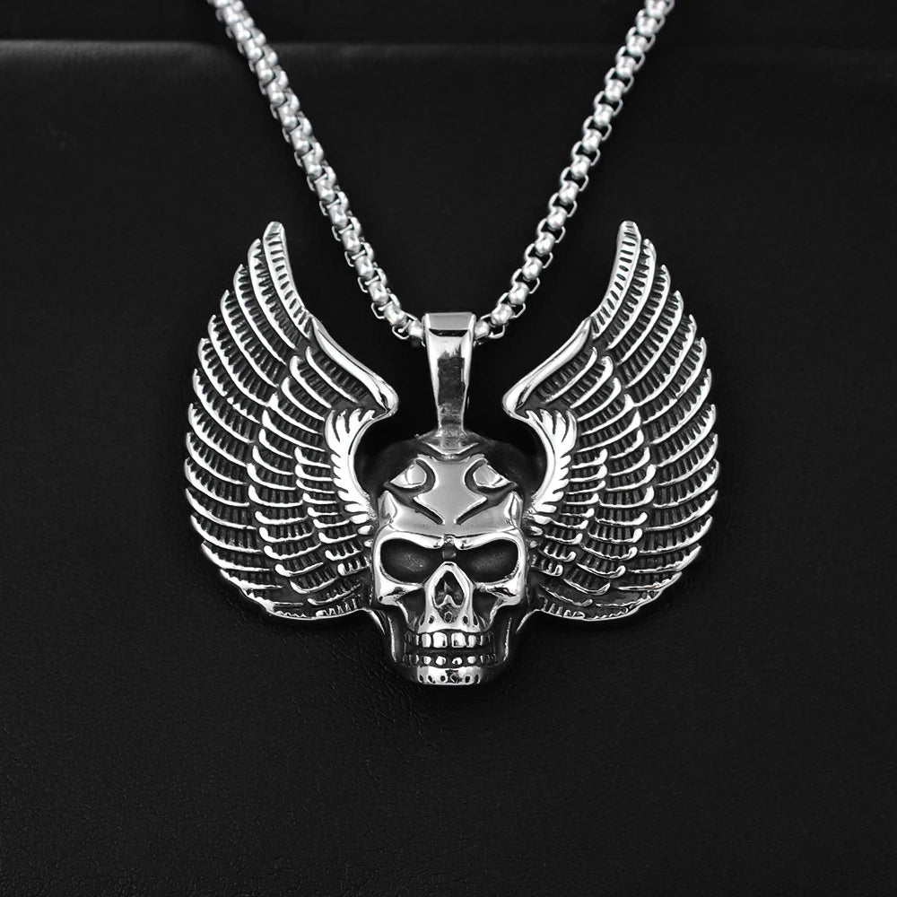 Silver Skull Wings Pendant Necklace Box Chain