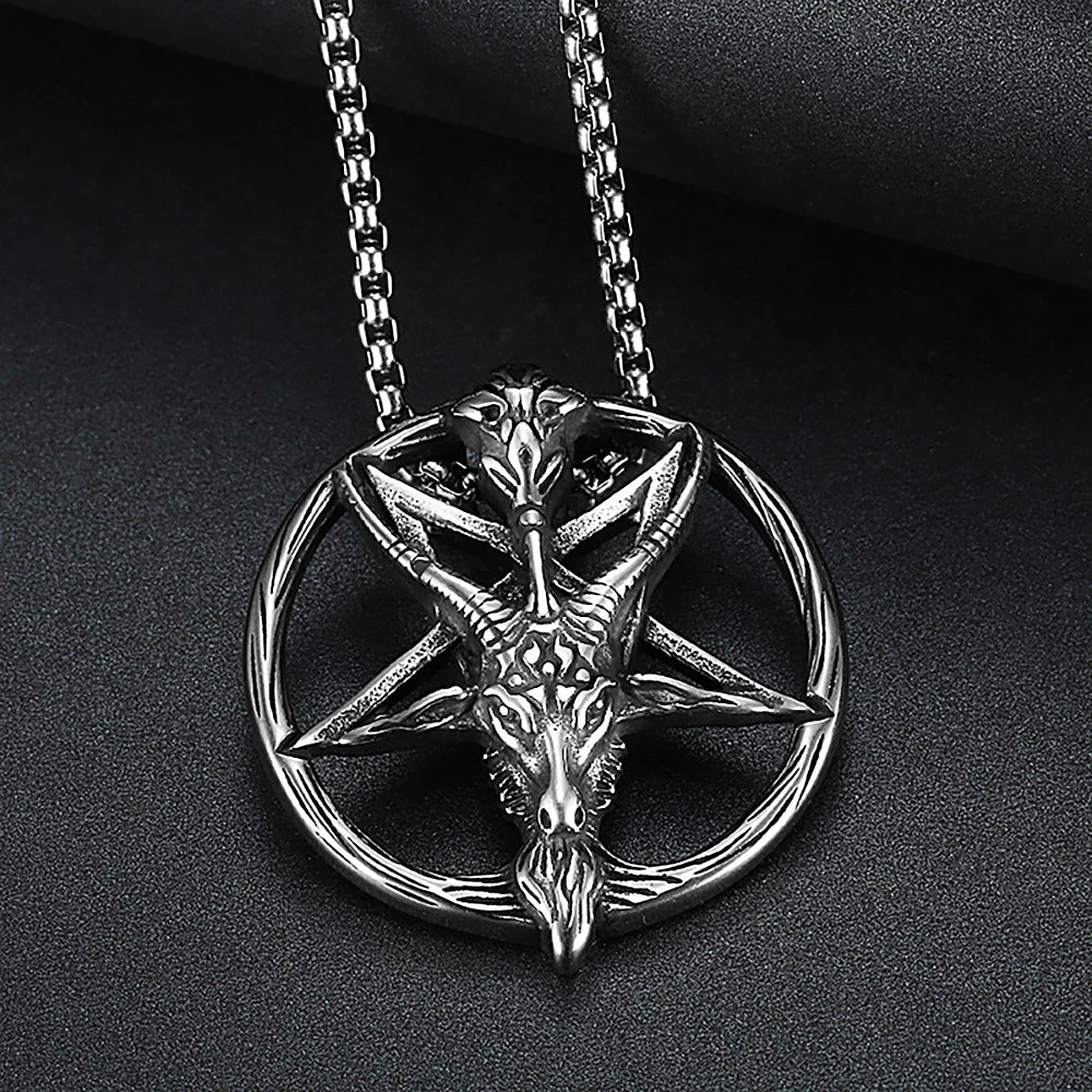 Gothic Vintage Pentagram Satanic Sheep Pendant Necklace For Men Punk Stainless Steel Biker Animal Necklaces Amulet