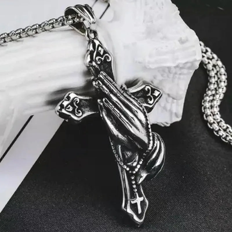 Prayer Hand Cross Stainless Steel Pendant Necklace