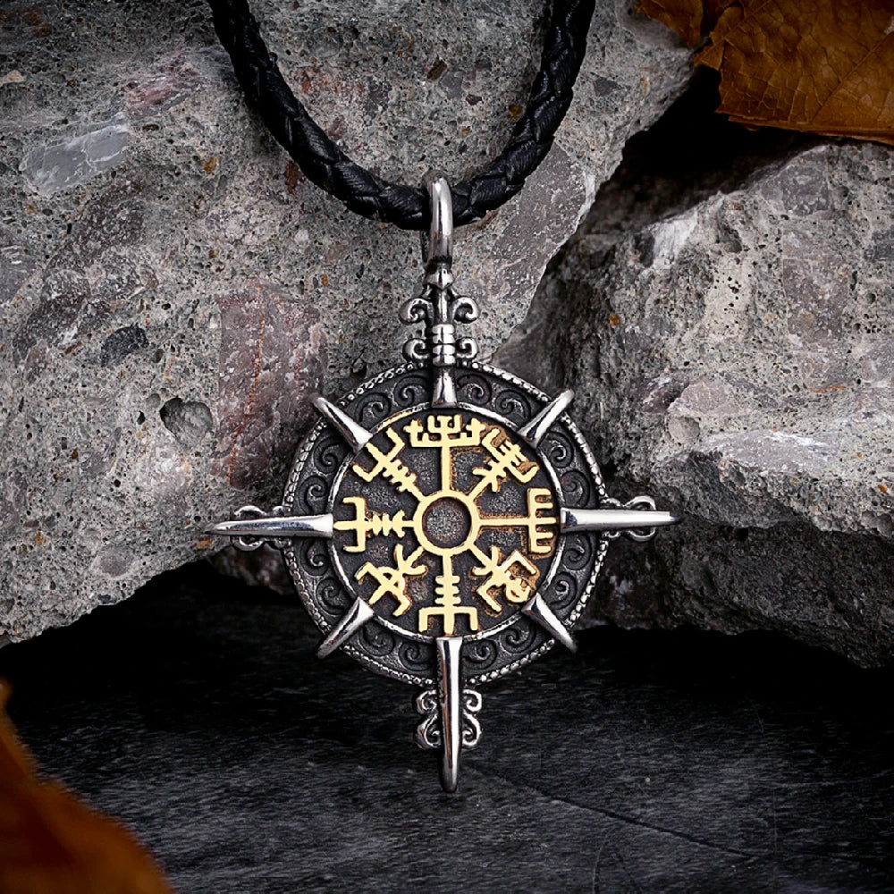 Mens Viking Compass Necklaces Stainless Steel Double-sided Norse Runes Trident Pendant With Genuine Leather Chain