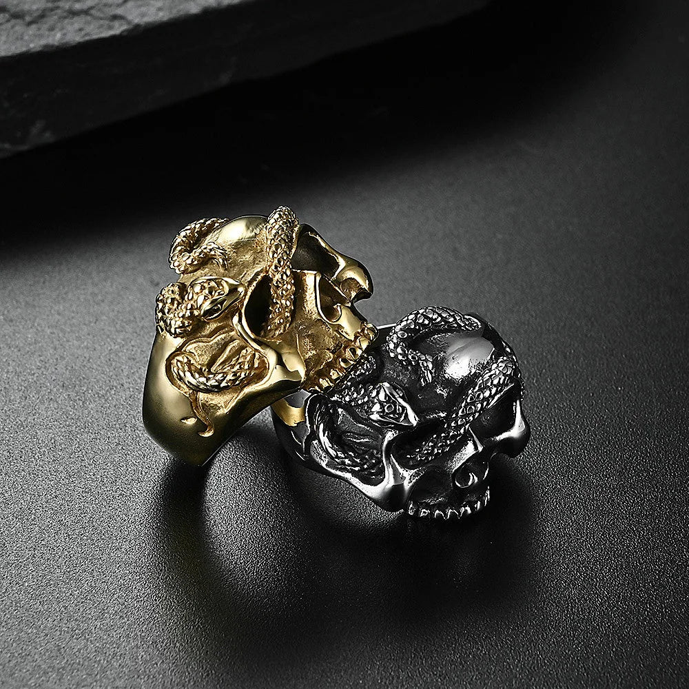 Gothic 316L Stainless Steel Skull Snake Ring For Men Punk Hip Hop Steel/Gold Color Skull Rings Fashion Jewelry Gift Wholesale