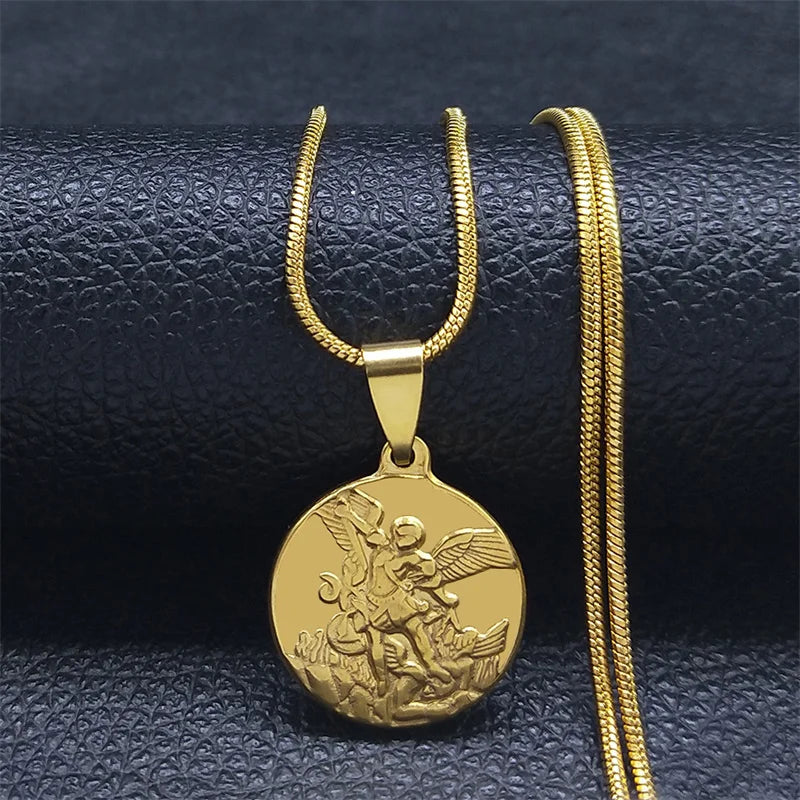 SAINT MICHAEL PROTECT US Archangel Stainless Steel Necklaces Chain Men/Women Gold Color Choker Necklace Jewelry joyas