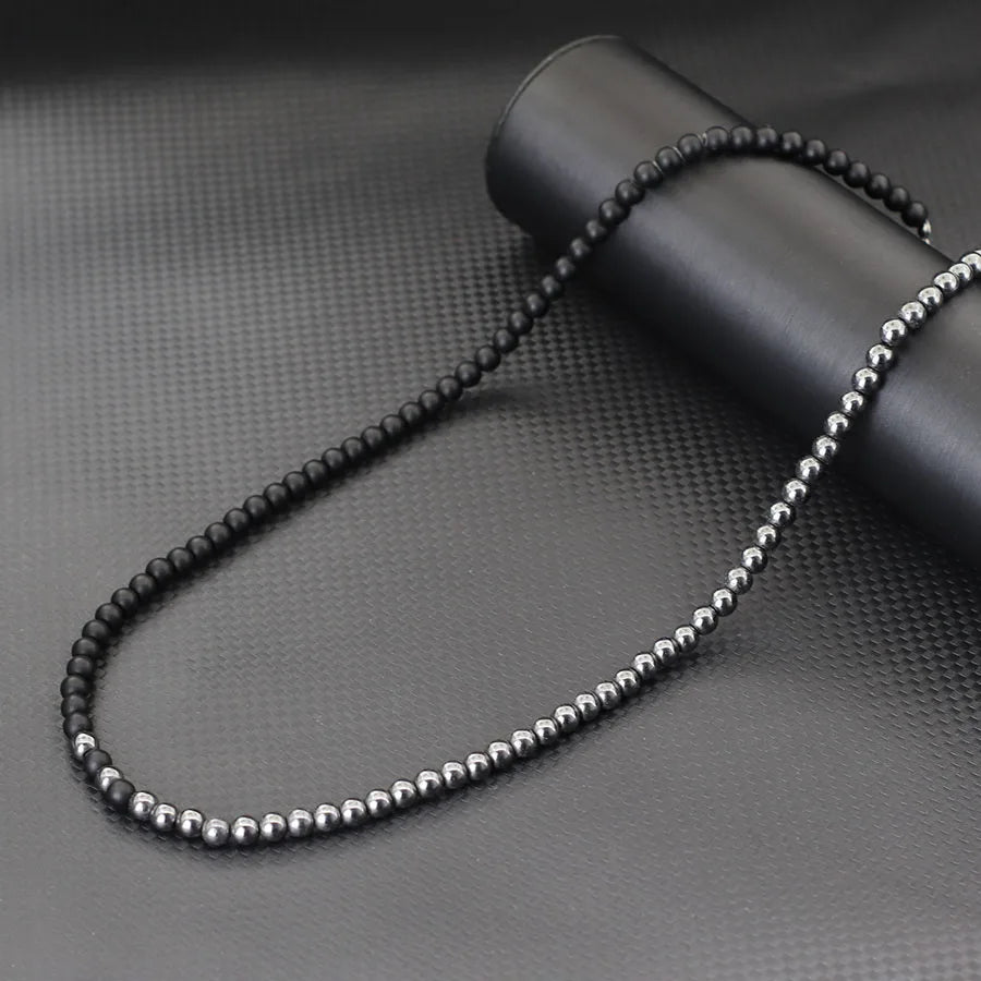 Stylish 6mm Stone Healing Necklace For Men 24 Inches Long Collar Stainless Steel Buckle Black White Yin Yang Bicolor