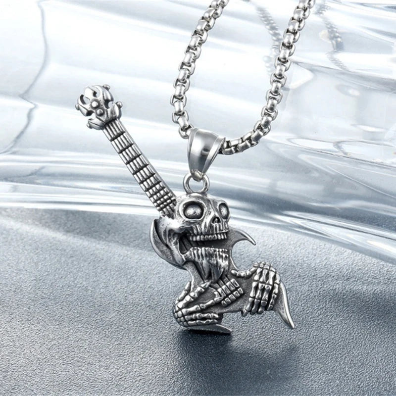 Hip Hop Rock Skeleton Men Guitar Instrument Pendant Necklace Retro Punk Silver Color Stainless Steel Chain Neck Jewelry Gifts