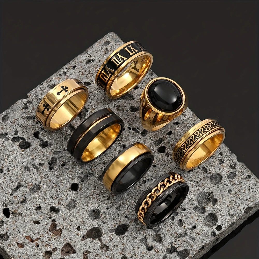 Viking Rune Cross Ring Set for Men — 7-Piece Stainless Steel