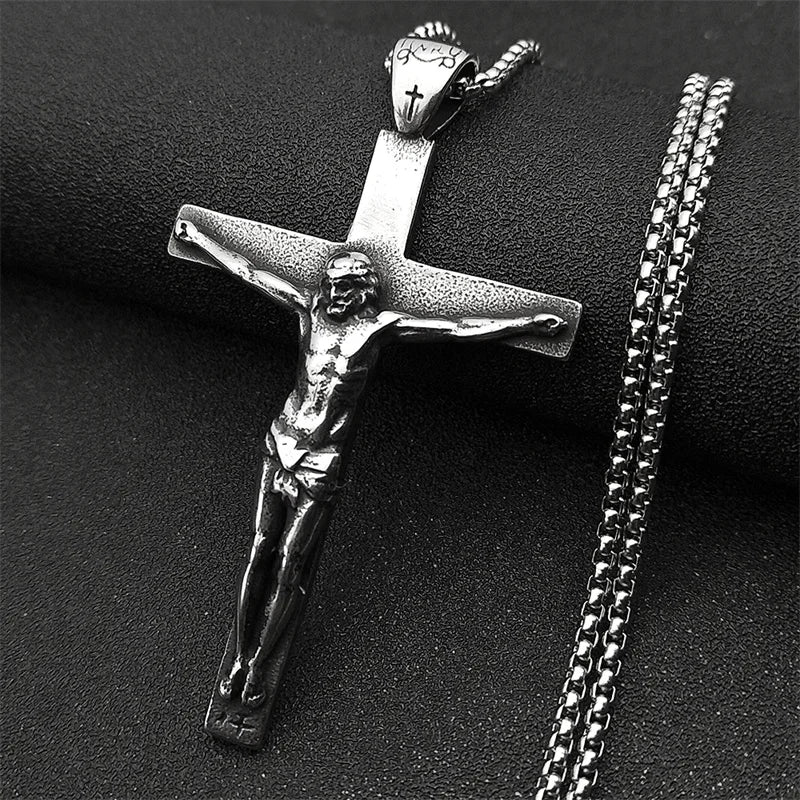 Stainless Steel Christian Jesus Cross Crucifix Pendants Necklaces for Men Women Silver Color Chain Necklaces Jewelry