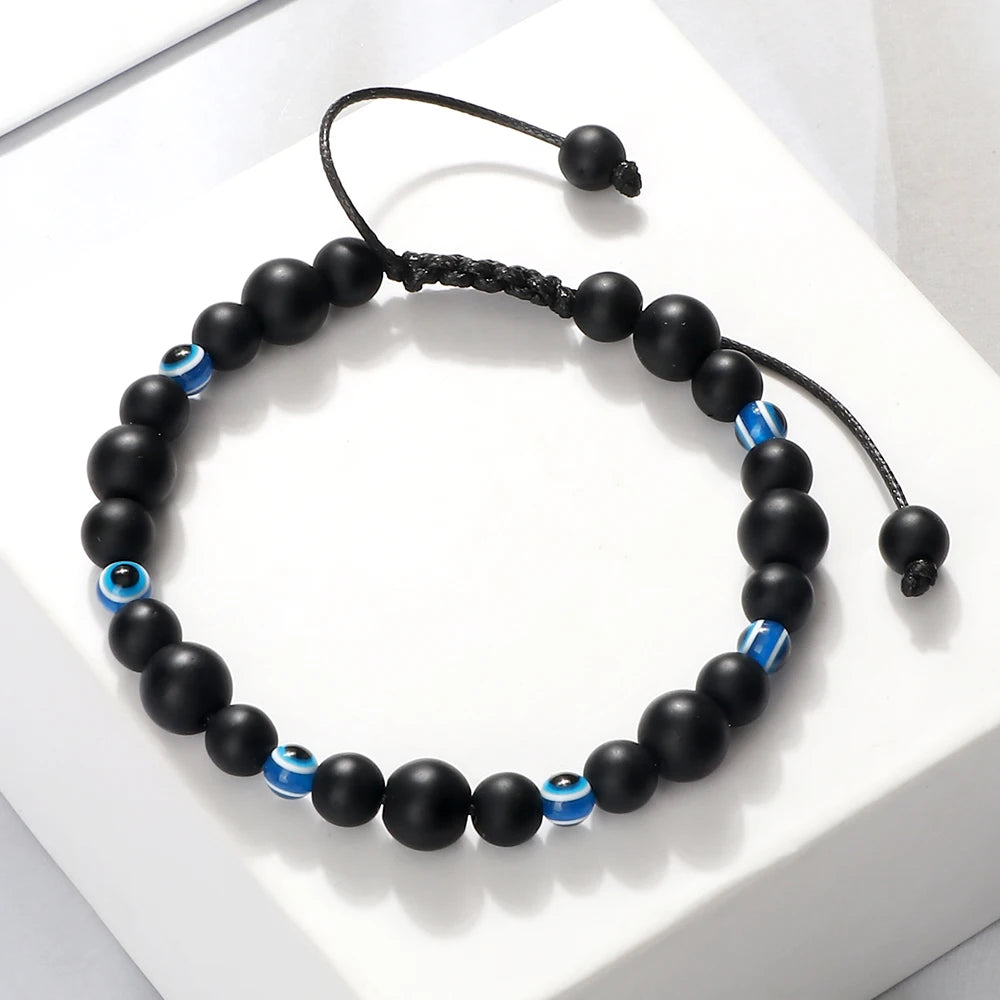 6 8mm Natural Stone Beads Bracelet for Women Men Blue Turkish Evil Eye Braided Chain Bangle Lucky Couple Jewelry Gift