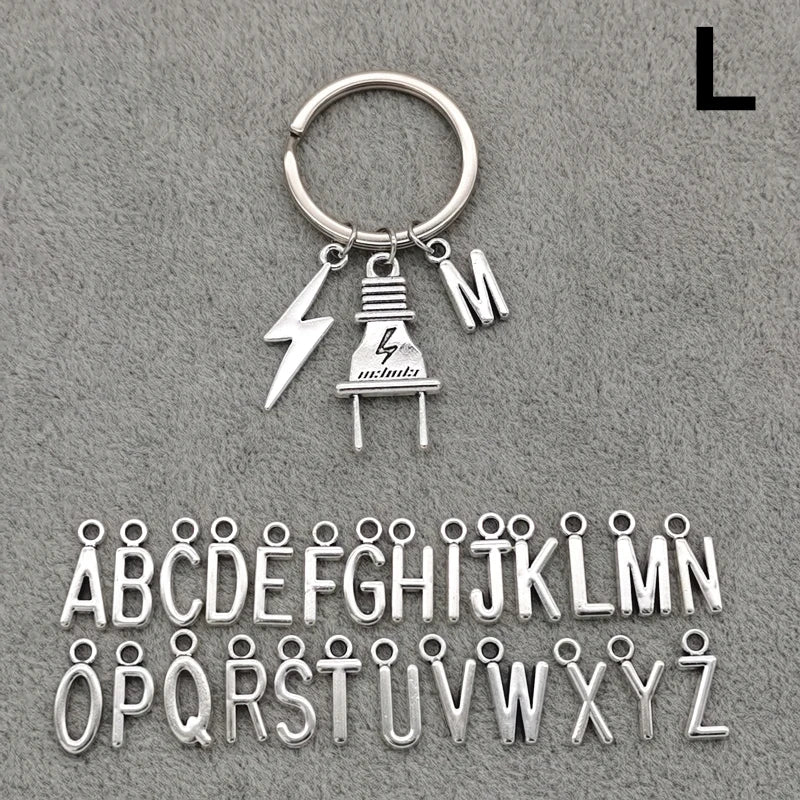 Fashion A-Z Letter Charm Lightning Bolt Plug Electrician Keychain for Electrical Worker Bag Car Keyring Gifts