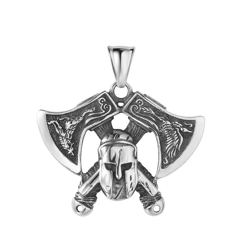 Stainless Steel Viking Double Axe Necklace Men's Vintage Nordic Wolf Axe Pendant Chain Scandinavian Party Jewelry Accessories