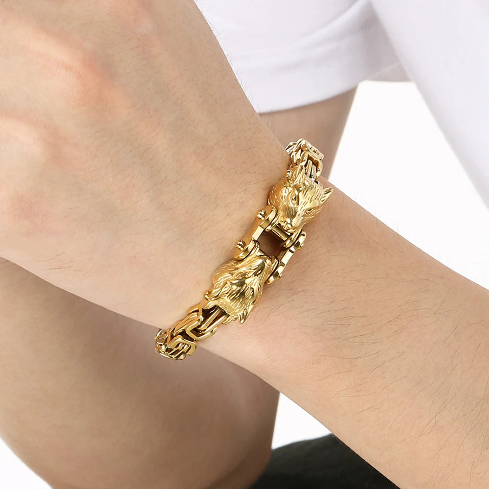 Double Wolf Head Link Chain Bracelet for Man 316L Stainless Steel Biker Charm Bracelets Vintage Punk Motorcycle Viking