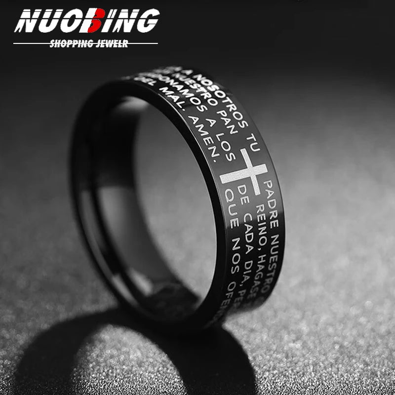 Black Jesus Men's Titanium Steel Bible Scripture Cross Jesus Ring Letter Bible Scripture Prayer Ring Men's 8mm Amulet