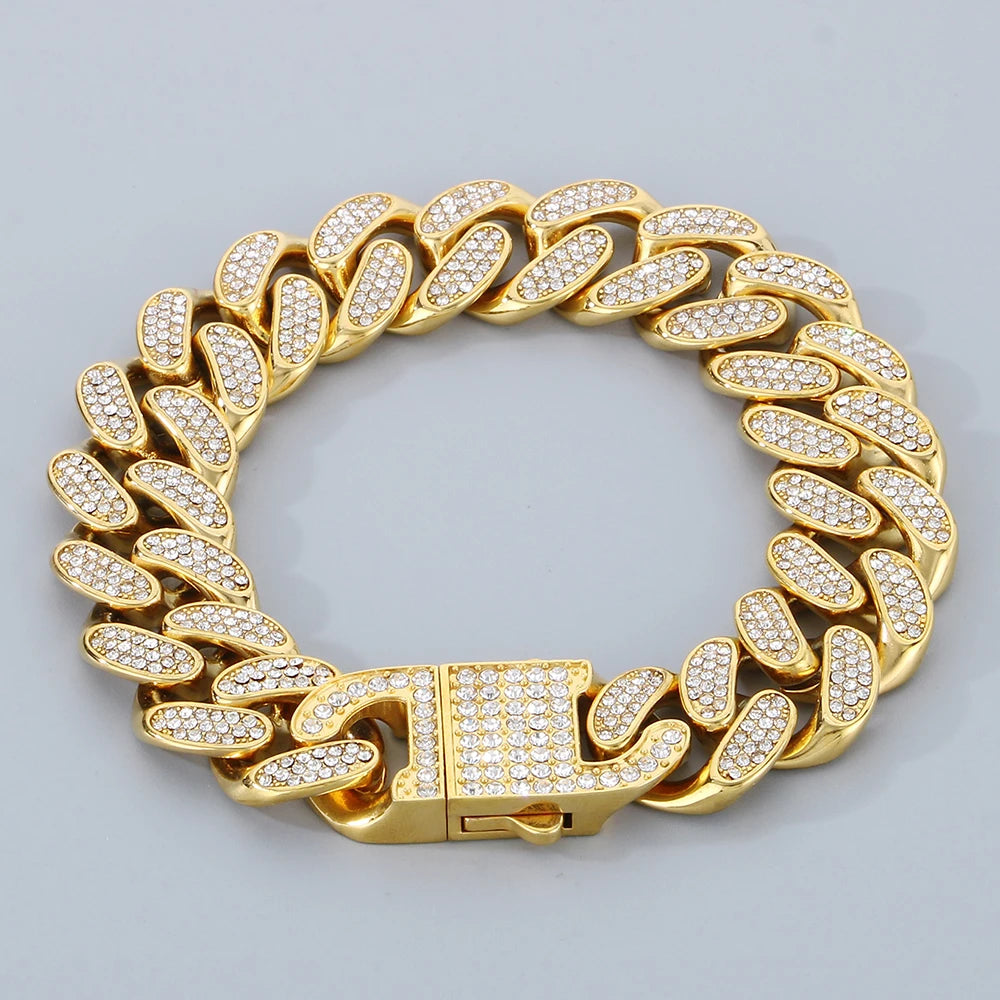 Hip Hop Heavy Cuban Link Chain Set Man Bracelet Necklace Luxury Gold Color Stainless Steel & Full CZ Men's Necklace &