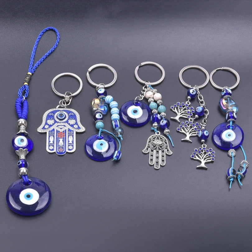 1Pc Vintage Fatima Hamsa Hand Pendant Women Key Chain Bule Glass Round Lucky Amulet Turkish Evil Eye Tassel Keyring Jewelry Bulk