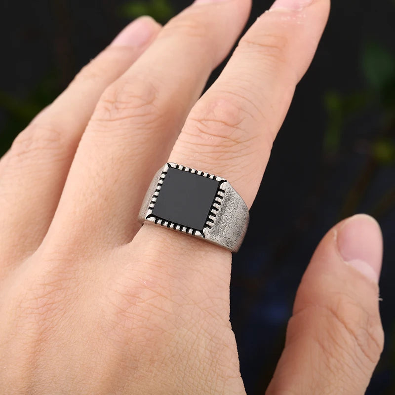 2022 Turkey Jewelry Black Square Ring Men Stainless Steel Mens Rings Natural Onyx Stone Vintage Cool Fashion Retro Punk