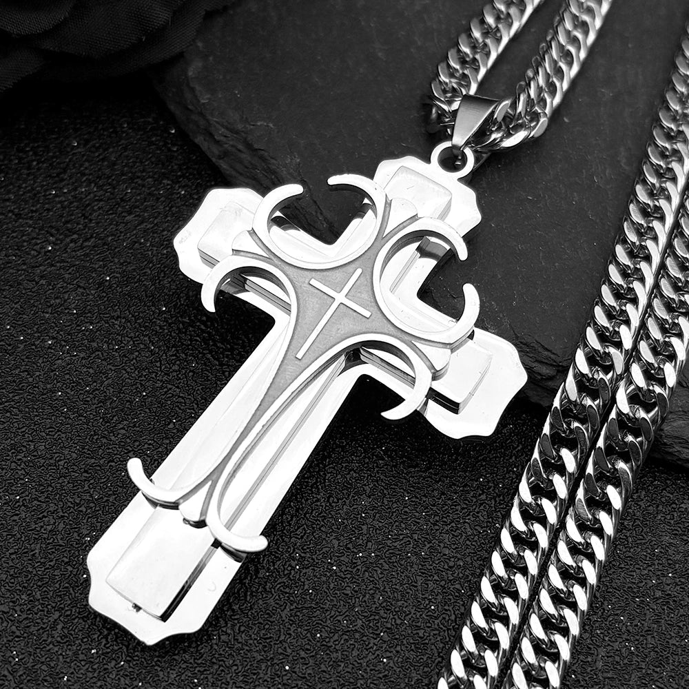 Cross Steel Pendant Layered Collar Hombren6134