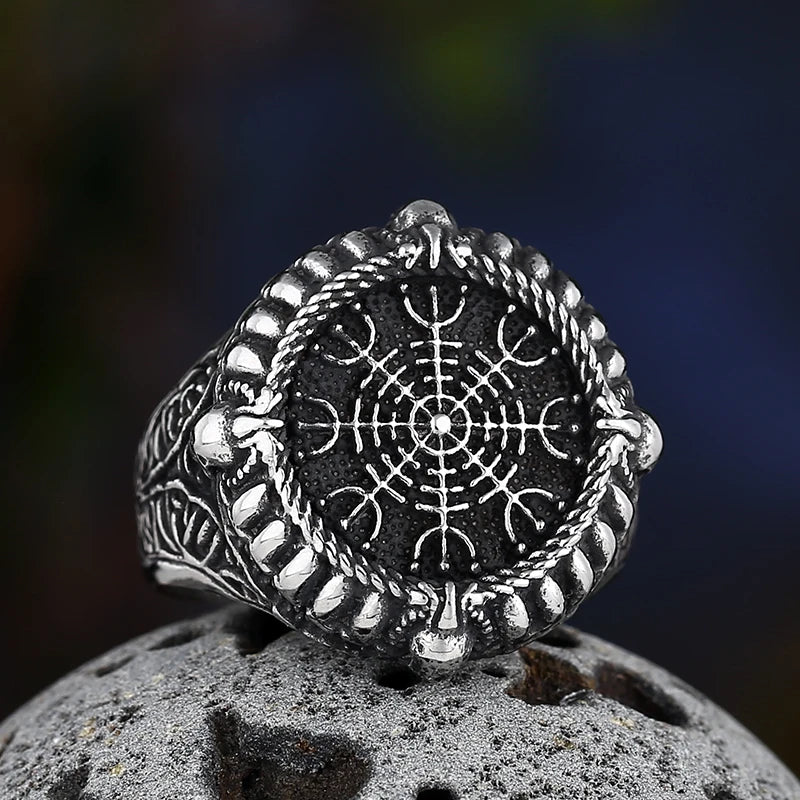 Stainless Steel Viking Compass Runic Statement Rings With Skull Punk Men Vintage Viking Men Rings Jewelry