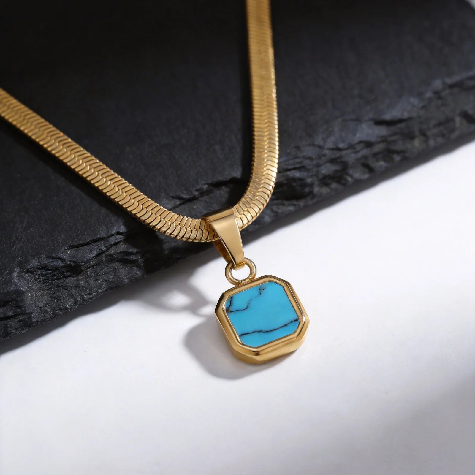 Vnox Geometric Square Natural Stone Pendant Necklace for Men, Gold Silver Color Stainless Steel Blade Chain, Trendy