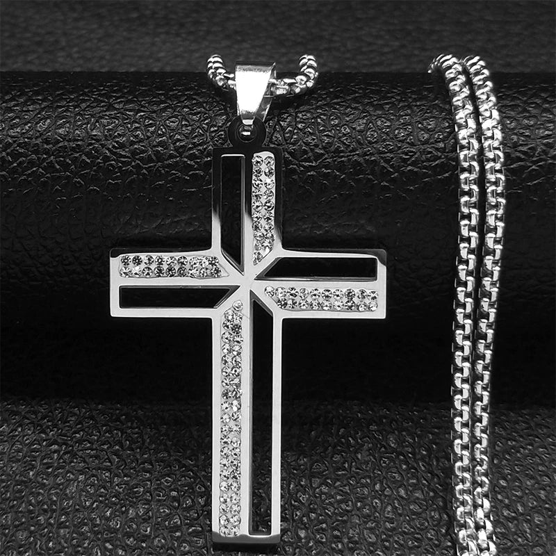 Catholic Open Cross Rhinestone Pendant Necklace — Stainless Steel