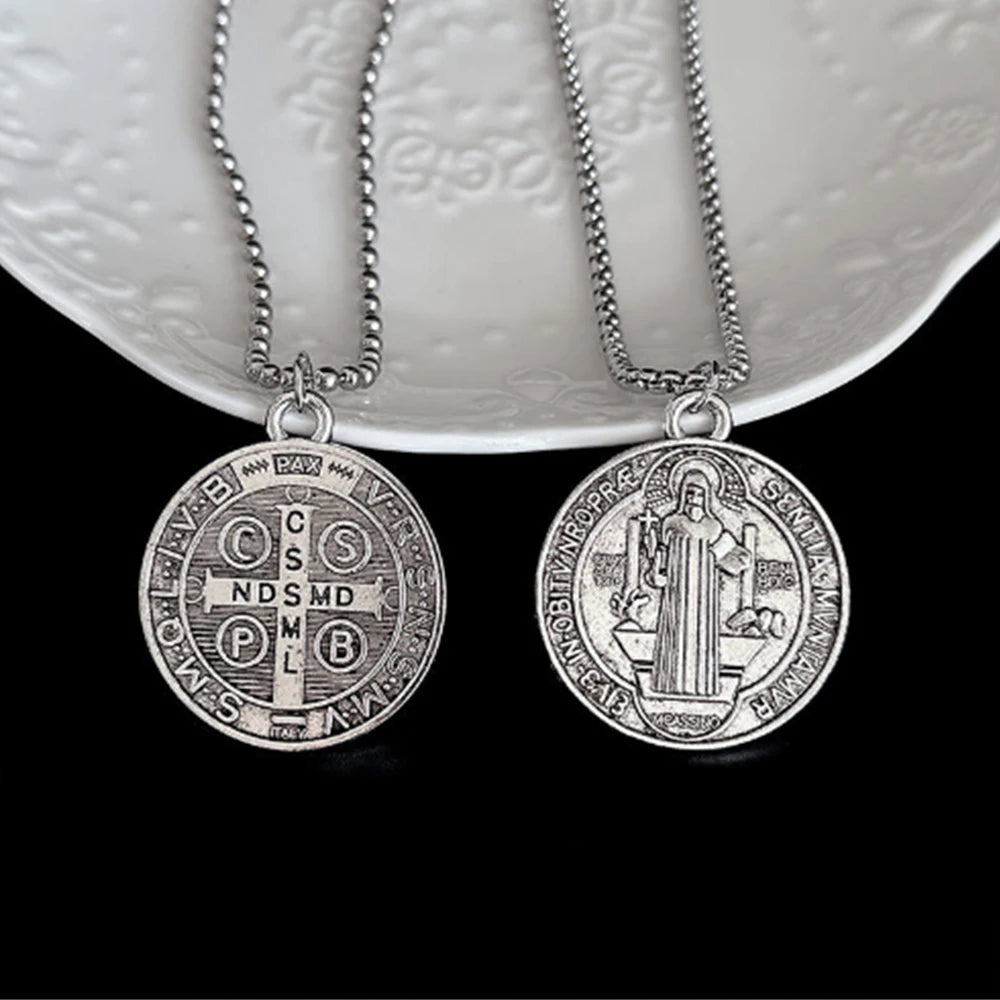 Saint Medal & Jesus Cross Pendant Necklace — Stainless Steel