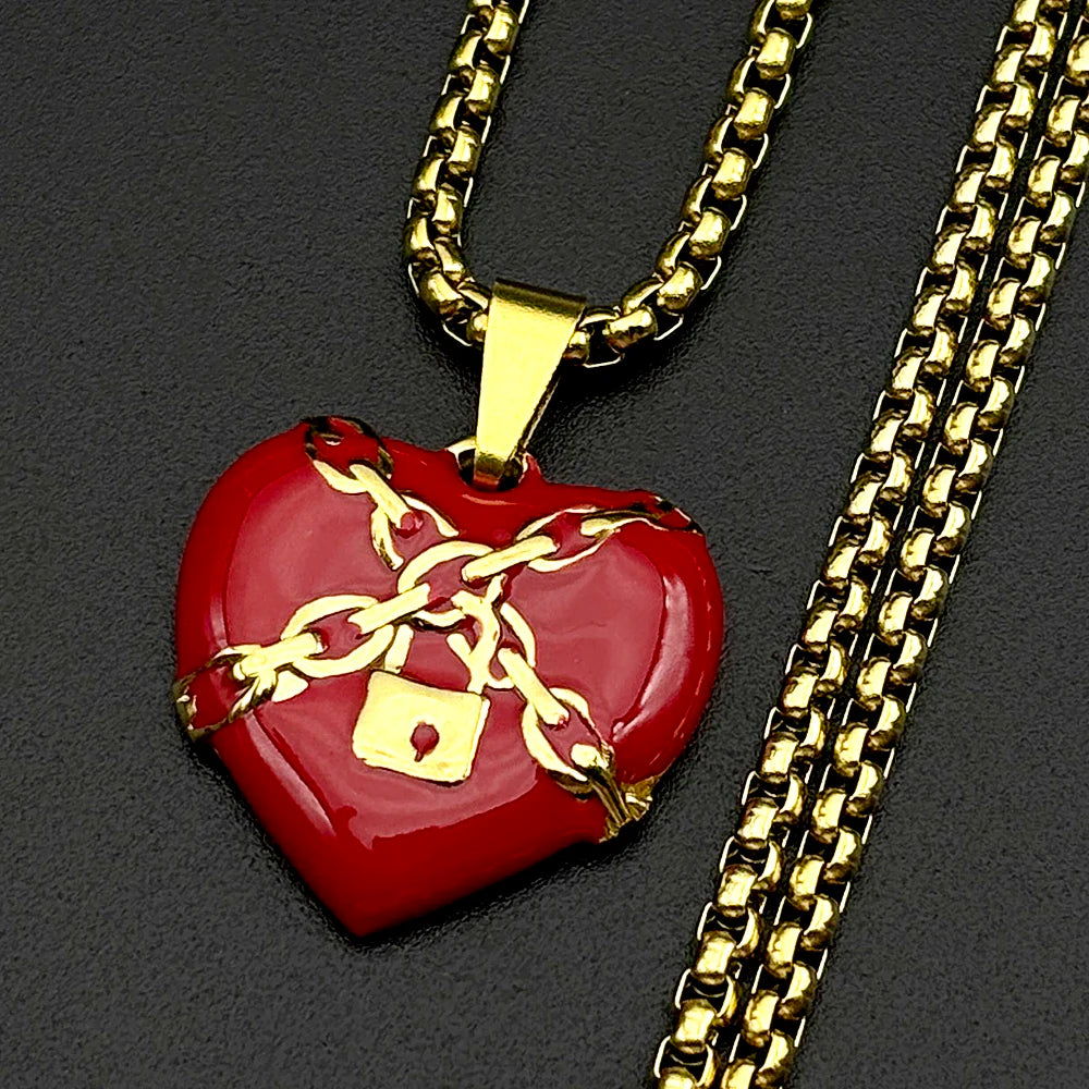 Punk Rock Lock Heart Pendant Necklace For Men Stainless Steel Cool Hip Hop Street Vintage Goth Accessories Trendy Chain Jewelry