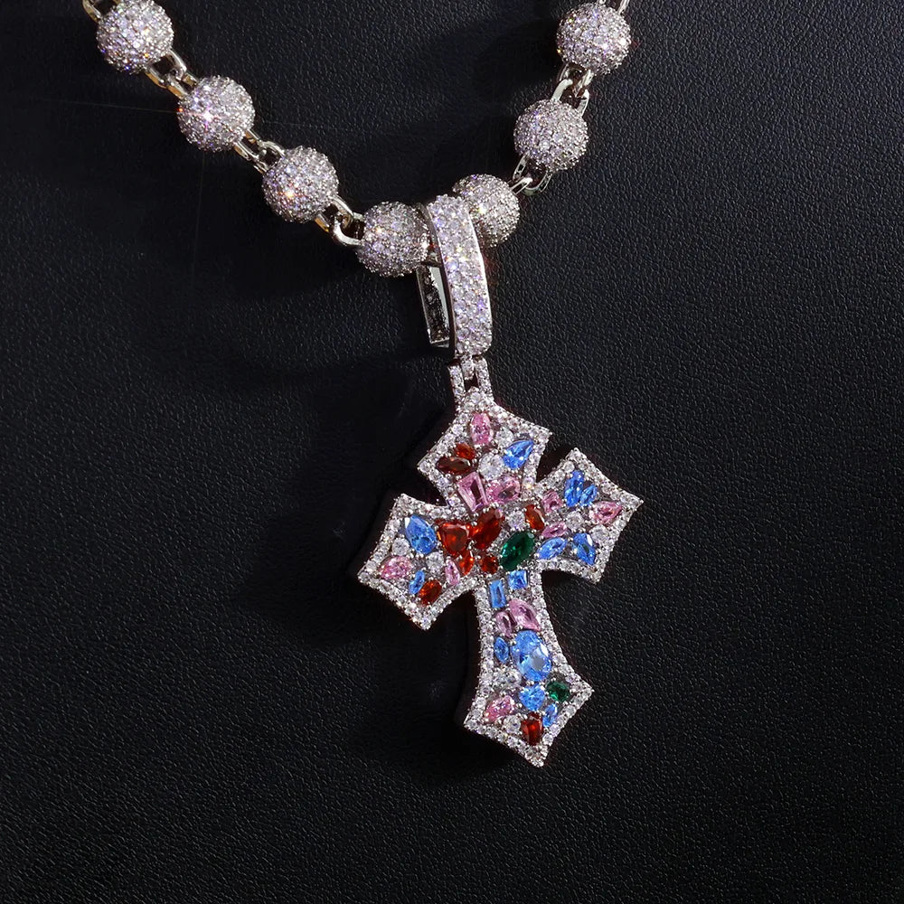 Cross Pendant Necklace Iced Out Colorful CZ