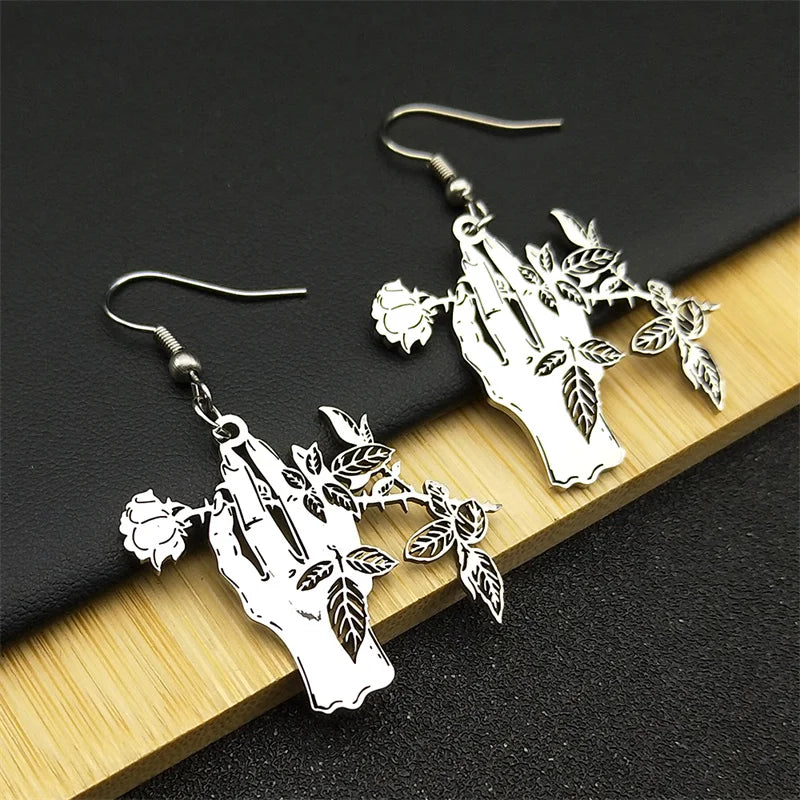 Gothic Silver Earrings Punk Rose Hand Hoop Elegant