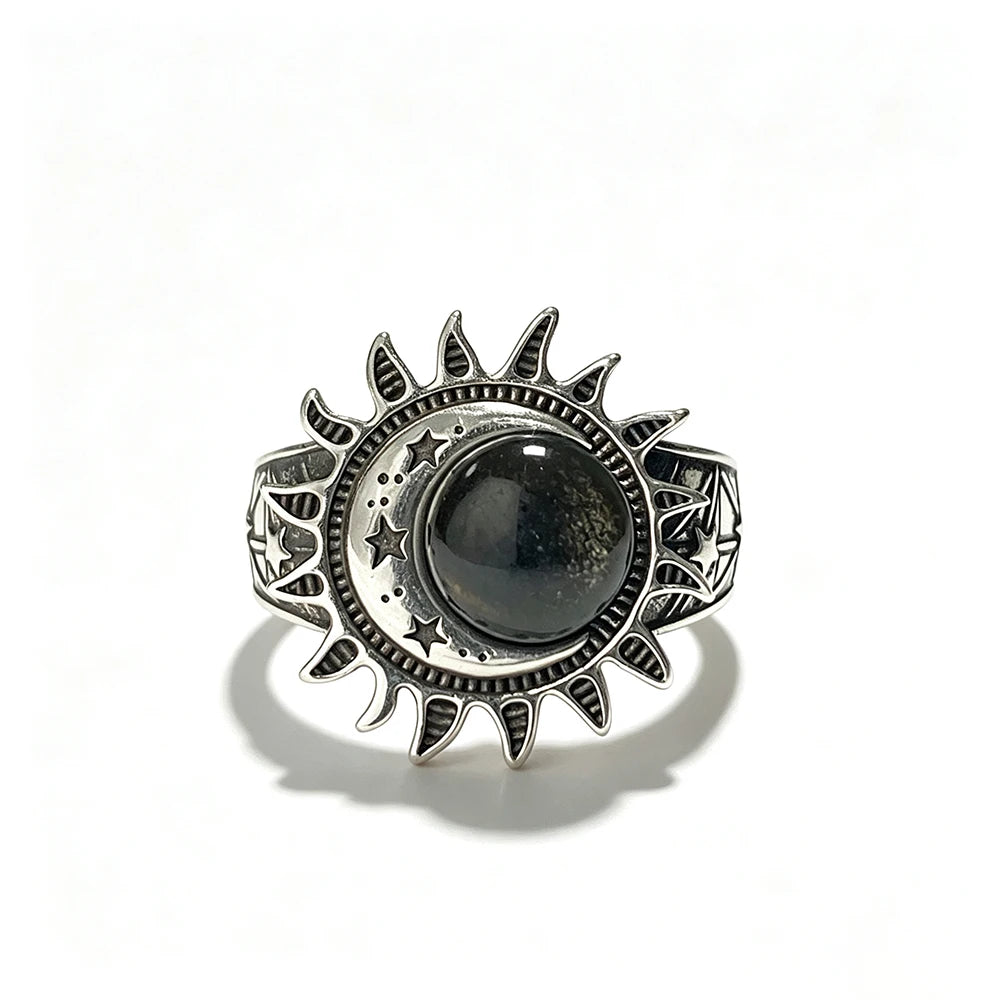 Sun Star Moon Cabochon Ring — Silver-Tone Bohemian