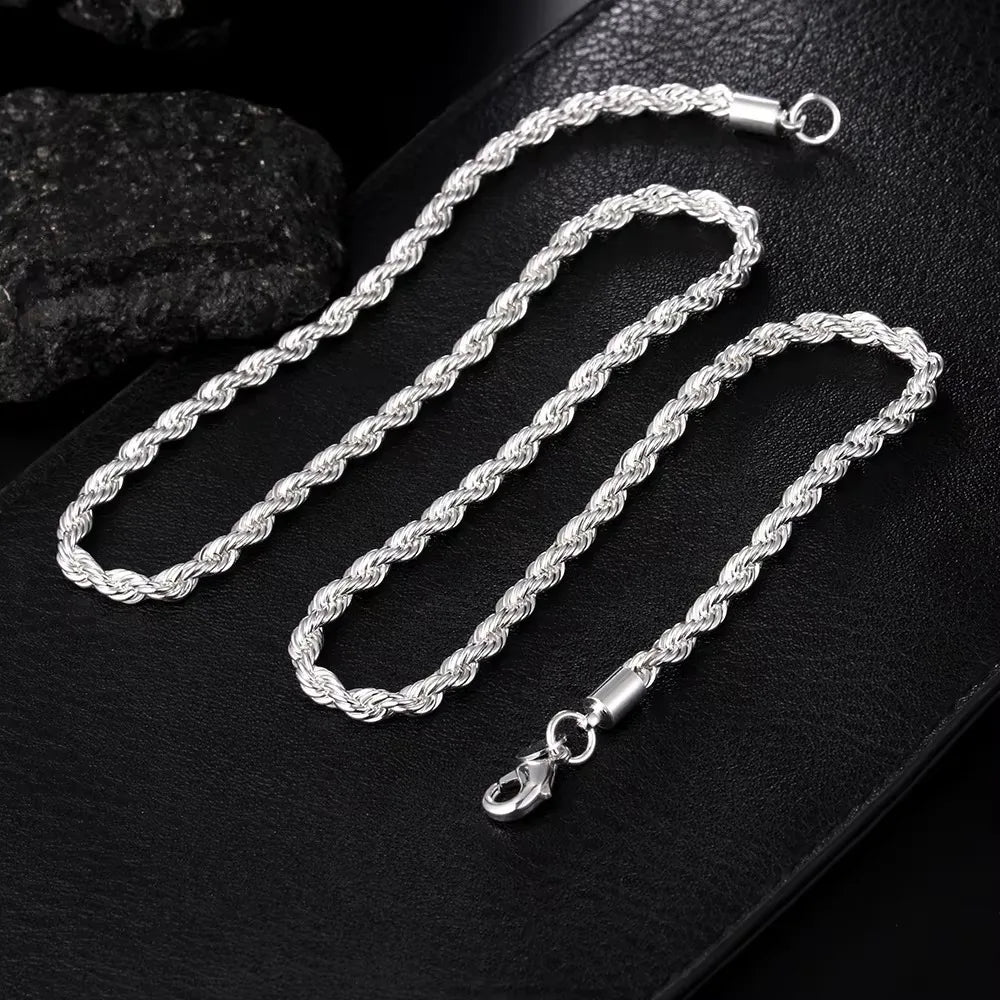 Silver-Tone Rope Chain Necklace Bracelet Set, 4mm