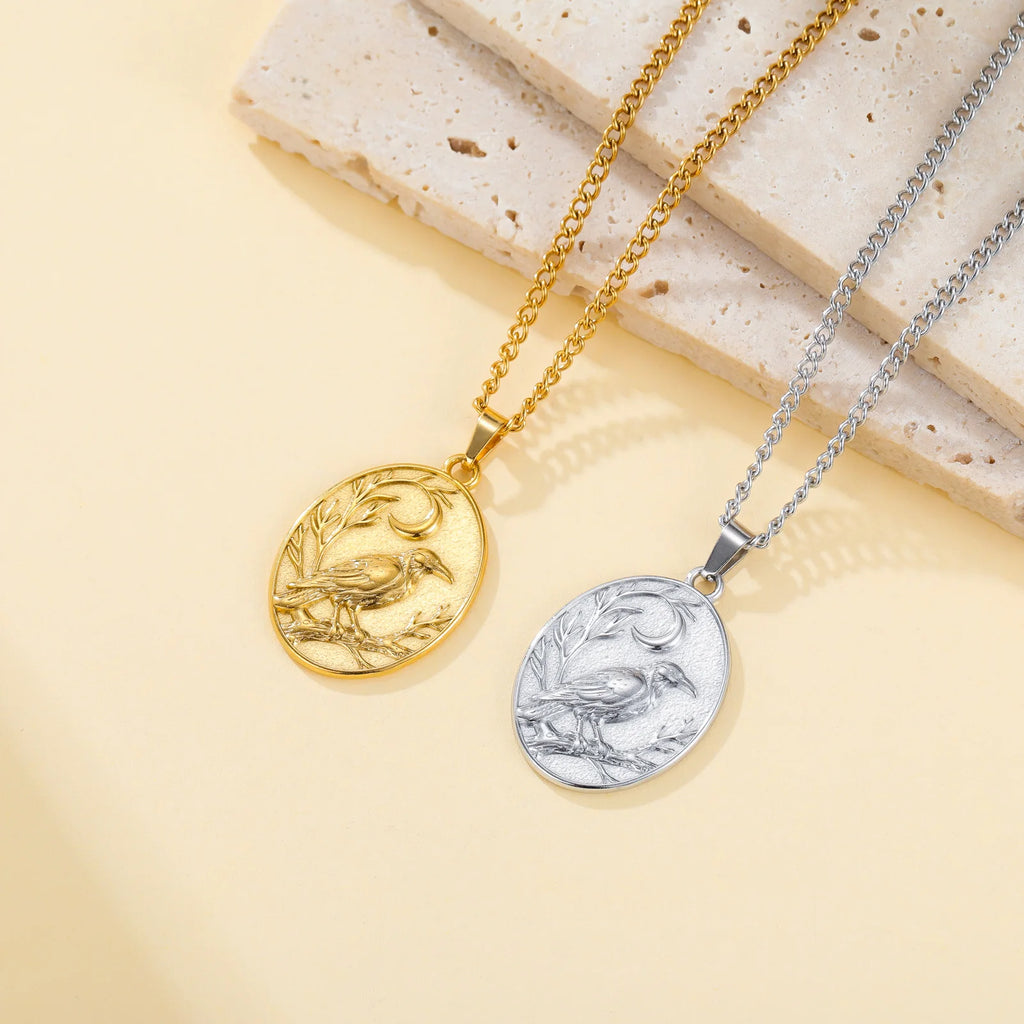 Skyrim Raven Crescent Moon Oval Pendant Necklace Stainless Steel Gothic Witchcraft Amulet Neck Chain for Men Women Jewelry Gift