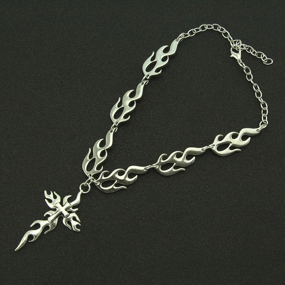 Fashion Hip-hop Sliver Color Flame Cross Crow Skull Pendant Necklace for Women Men Couple Gothic Halloween Party Jewelry Gifts