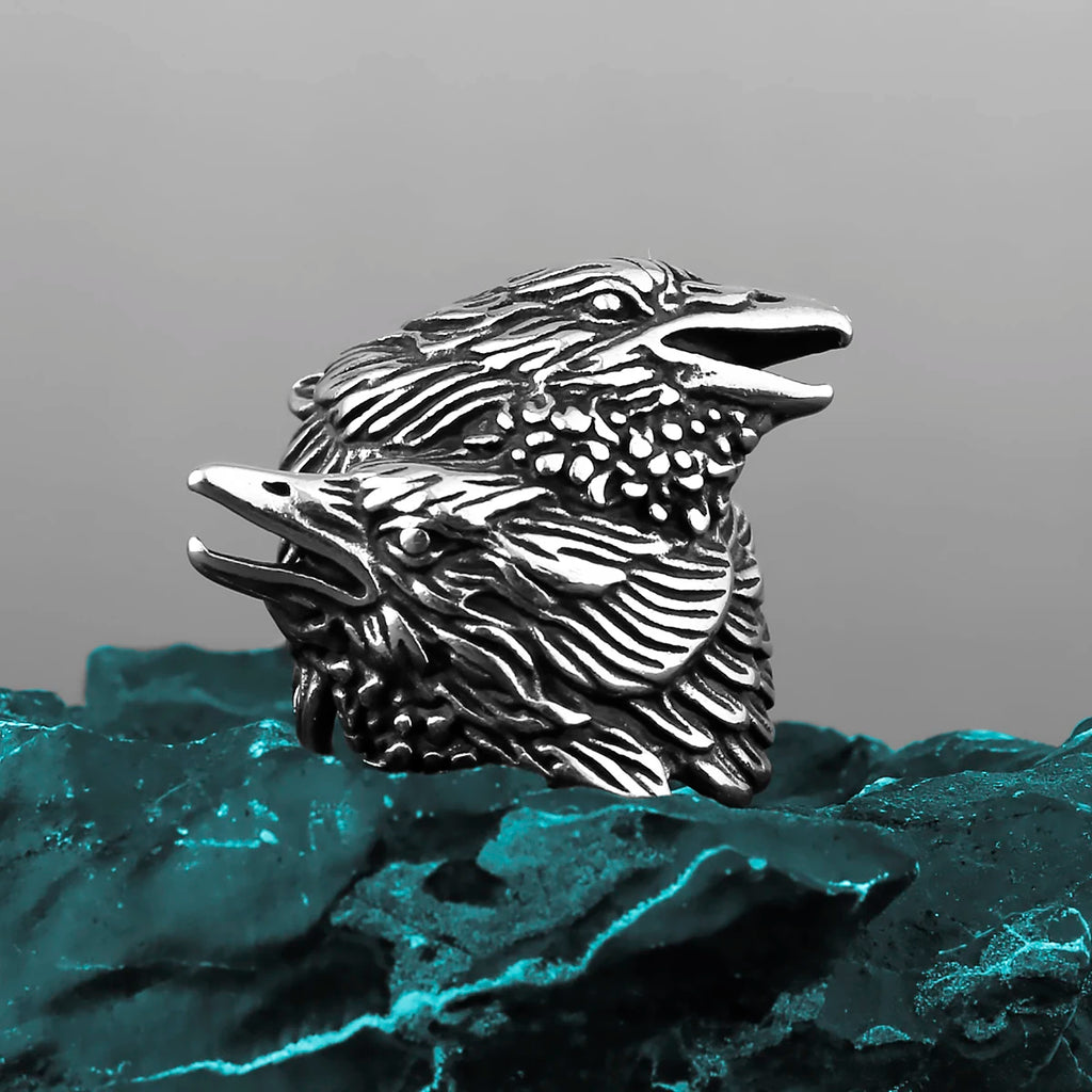 Viking Double Head Raven Huginn Muninn Ring Men's Vintage Stainless Steel Punk Hip Hop Celtic Biker Fashion Rings