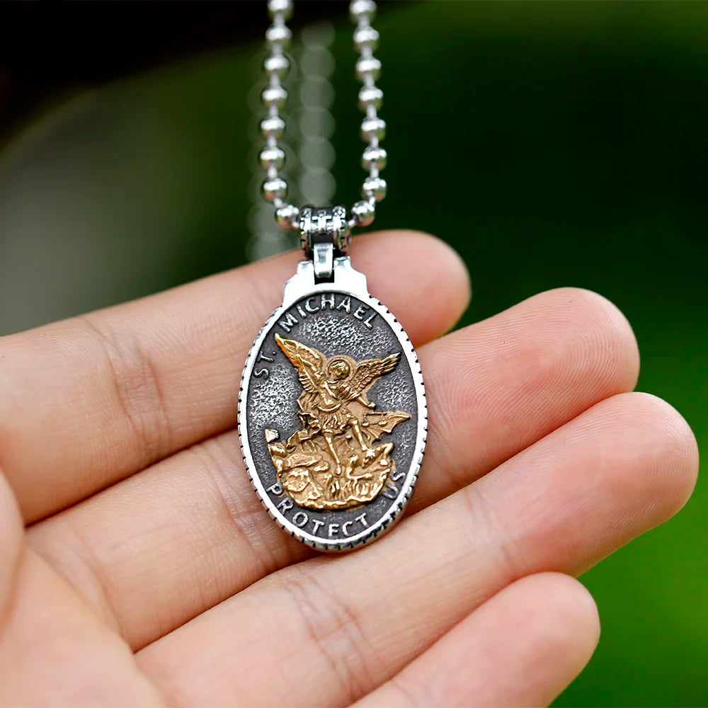 NEW Men's 316L stainless-steel Patron Saint Of Time Travelers Archangel Michael round Pendant Chain Necklace jewelry