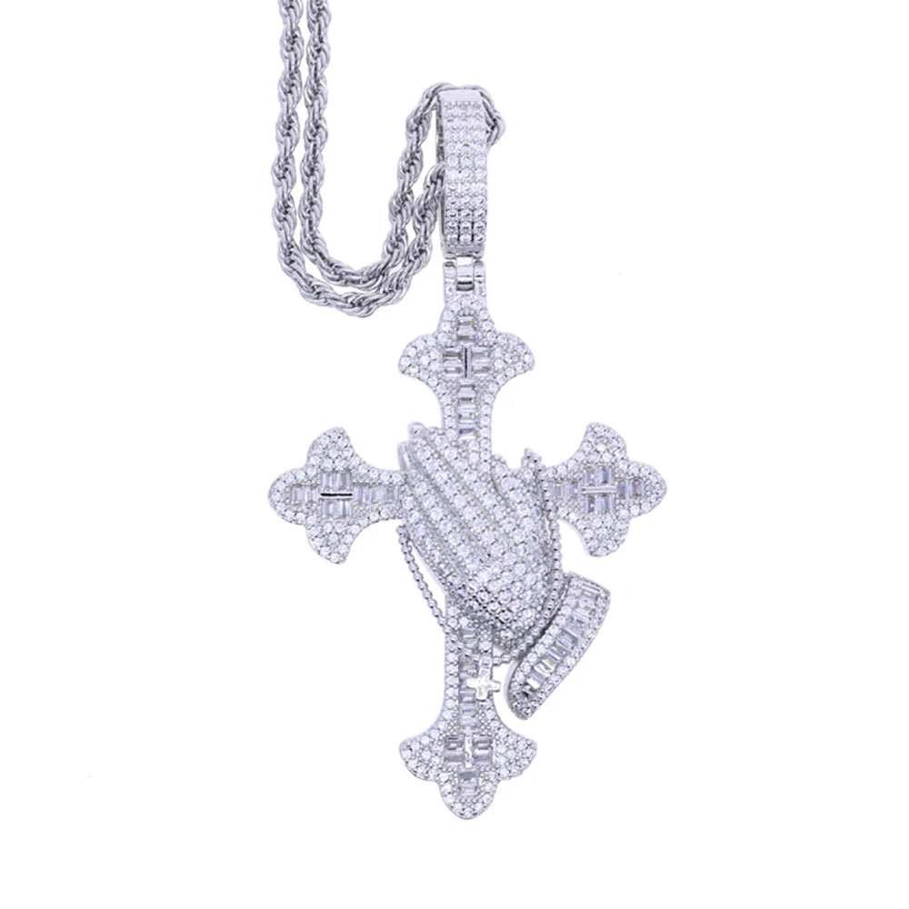 Iced Out Praying Hands Cross Necklace — Silver