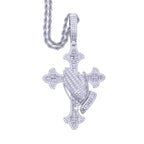 Iced Out Praying Hands Cross Necklace — Silver