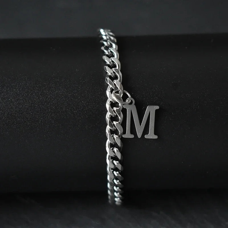 A-Z Initial Letter Cuban Chain Bracelet — Stainless Steel